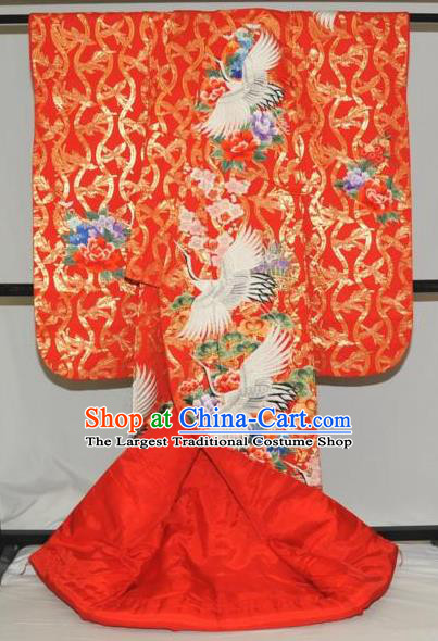 Traditional Japan Geisha Printing Crane Plum Red Silk Furisode Kimono Asian Japanese Fashion Apparel Costume for Women