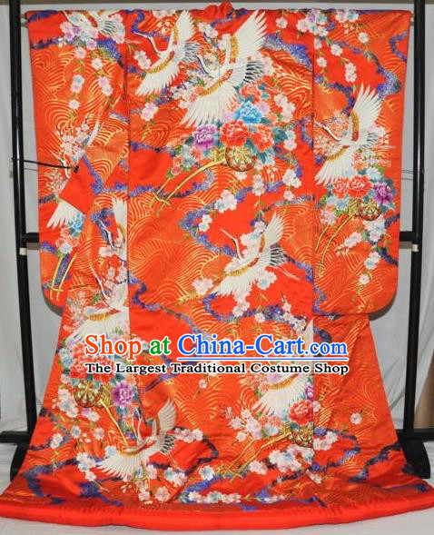 Traditional Japan Geisha Printing Crane Sakura Red Silk Furisode Kimono Asian Japanese Fashion Apparel Costume for Women