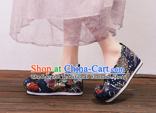 Asian Chinese Traditional Navy Satin Embroidered Shoes Princess Shoes Opera Shoes Hanfu Shoes for Women