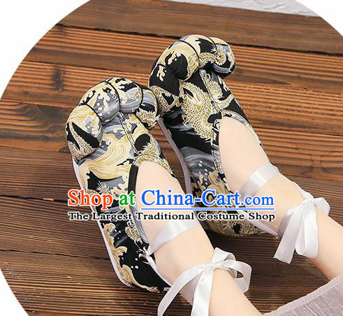 Chinese Traditional Classical Dragon Pattern Black Satin Embroidered Shoes Princess Shoes Opera Shoes Hanfu Shoes for Women