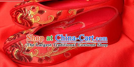 Chinese Traditional Sequins Flower Red Embroidered Shoes Opera Shoes Hanfu Shoes Wedding Shoes for Women