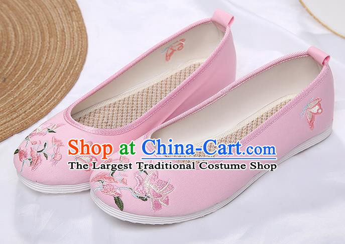 Chinese Traditional Pink Embroidered Flowers Butterfly Shoes Opera Shoes Hanfu Shoes Wedding Shoes for Women