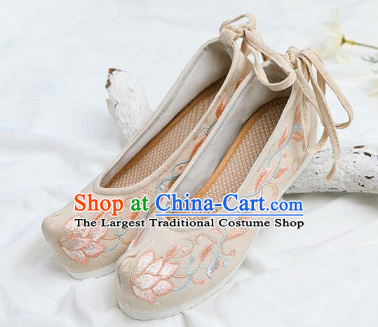 Chinese Traditional Embroidered Lotus Beige Shoes Opera Shoes Hanfu Shoes Wedding Shoes for Women