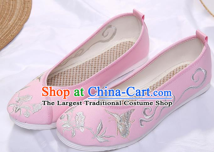 Chinese Traditional Pink Embroidered Butterfly Orchid Shoes Opera Shoes Hanfu Shoes Wedding Shoes for Women