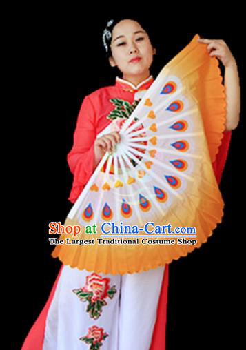 Traditional Chinese Folk Dance Orange Ribbon Mulan Fan Stage Performance Yangko Dance Silk Folding Fan