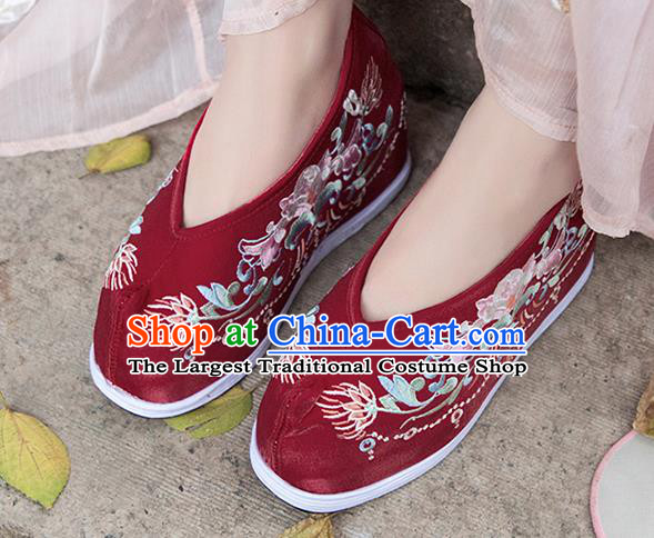 Asian Chinese Traditional Wedding Shoes Embroidered Purplish Red Shoes Opera Shoes Hanfu Shoes for Women