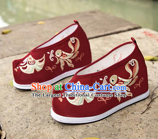 Asian Chinese Traditional Wedding Shoes Purplish Red Embroidered Shoes Opera Shoes Hanfu Shoes for Women