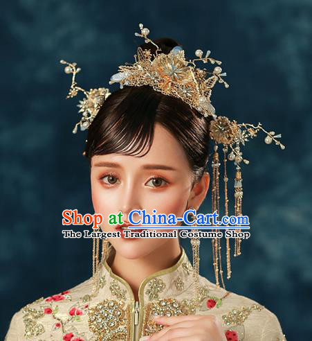 Chinese Traditional Wedding Bride Golden Butterfly Opal Hair Comb and Tassel Hairpins Hair Accessories for Women