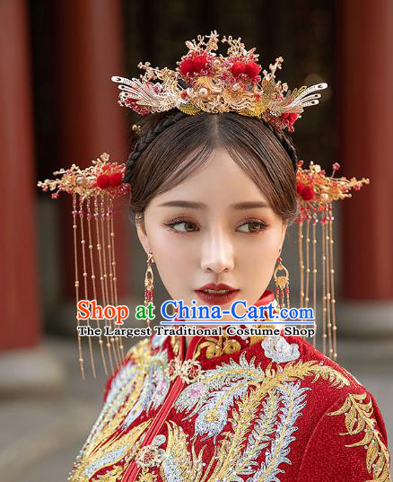 Chinese Traditional Wedding Bride Phoenix Coronet Hair Comb and Tassel Hairpins Hair Accessories for Women