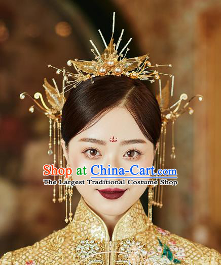 Chinese Traditional Hanfu Golden Leaf Hair Comb Tassel Hairpins Ancient Princess Hair Accessories for Women