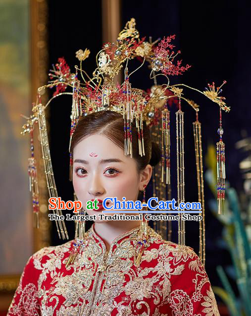 Chinese Traditional Ancient Bride Headdress Red Leaf Tassel Phoenix Coronet Wedding Hair Accessories for Women