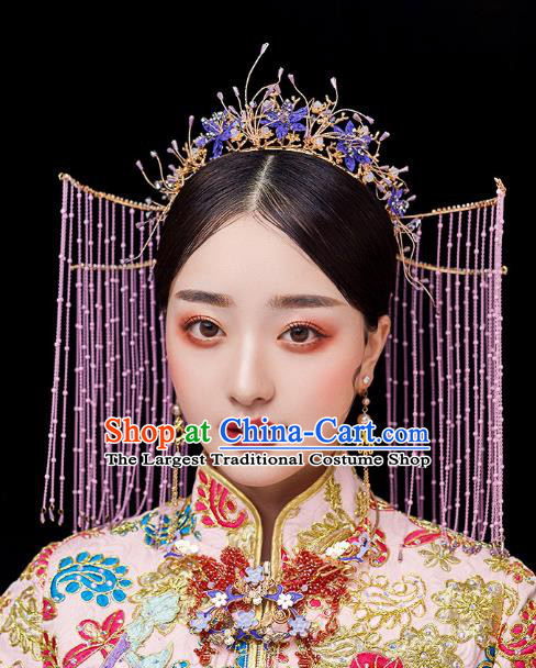 Chinese Traditional Ancient Purple Flowers Tassel Phoenix Coronet Bride Headdress Wedding Hair Accessories for Women