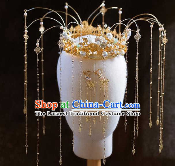 Chinese Traditional Ancient Golden Phoenix Coronet Hairpins Bride Headdress Wedding Hair Accessories for Women