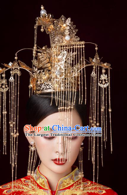 Chinese Wedding Deluxe Headdress Golden Phoenix Coronet Traditional Ancient Bride Hair Accessories for Women