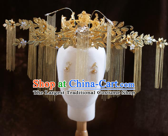 Chinese Ancient Bride Headdress Golden Phoenix Coronet Traditional Wedding Hair Accessories for Women