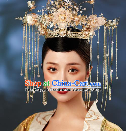 Chinese Wedding Deluxe Headdress Pink Flowers Phoenix Coronet Traditional Ancient Bride Hair Accessories for Women