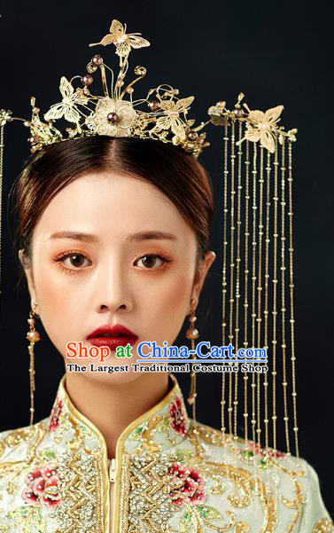 Chinese Wedding Headdress Golden Butterfly Phoenix Coronet Traditional Ancient Bride Hair Accessories for Women