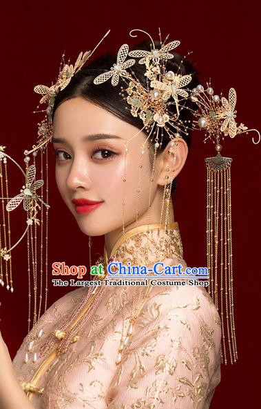 Chinese Traditional Wedding Golden Dragonfly Hair Clasp Hairpins Ancient Bride Hair Accessories for Women