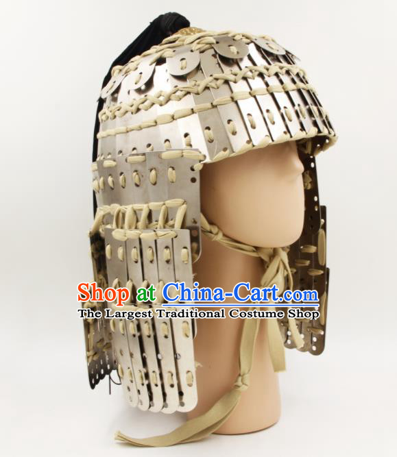 Chinese Traditional Yuan Dynasty General Helmet Ancient Soldier Argent Hat Headwear for Men