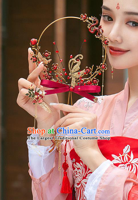 Chinese Traditional Red Ribbon Bowknot Palace Fans Handmade Classical Hanfu Wedding Fan for Women