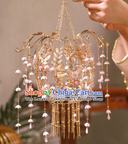 Chinese Ancient Wedding Bridal Portable Lantern Traditional Bride Pink Flowers Tassel Lanterns for Women