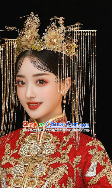 Chinese Ancient Bride Headdress Golden Phoenix Coronet Traditional Wedding Hair Accessories for Women