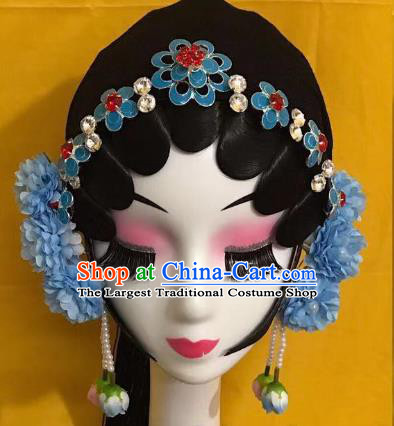 Traditional Chinese Beijing Opera Blue Hairpins Headdress Peking Opera Diva Hair Accessories for Women