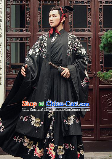 Chinese Ancient Emperor Embroidered Black Clothing Traditional Qin Dynasty Royal Prince Historical Costume Complete Set for Men