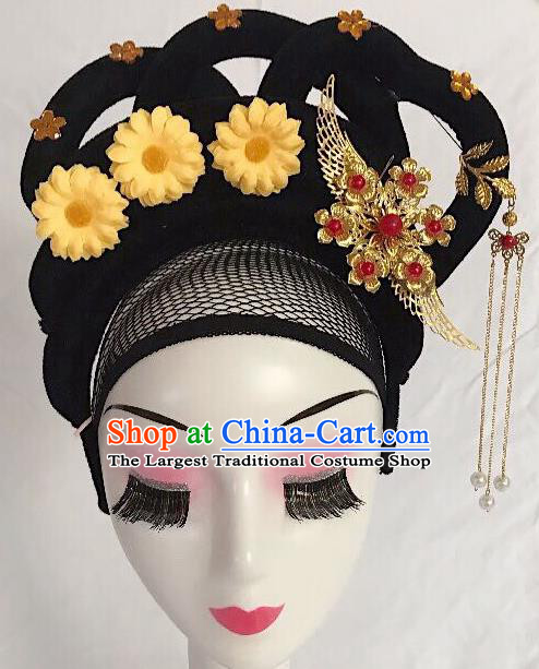 Traditional Chinese Opera Lady Wig Sheath and Yellow Flower Hairpins Headdress Peking Opera Diva Hair Accessories for Women