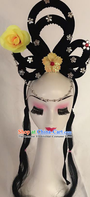 Traditional Chinese Opera Lady Wig Sheath and Yellow Rose Hairpins Headdress Peking Opera Diva Hair Accessories for Women