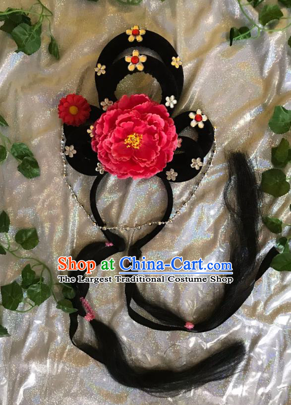 Traditional Chinese Opera Goddess Wig and Red Peony Hairpins Headdress Peking Opera Diva Hair Accessories for Women