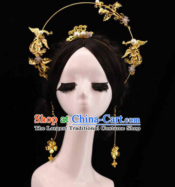 Traditional Chinese Tang Dynasty Golden Crane Pine Hair Crown Headdress Ancient Queen Hair Accessories for Women