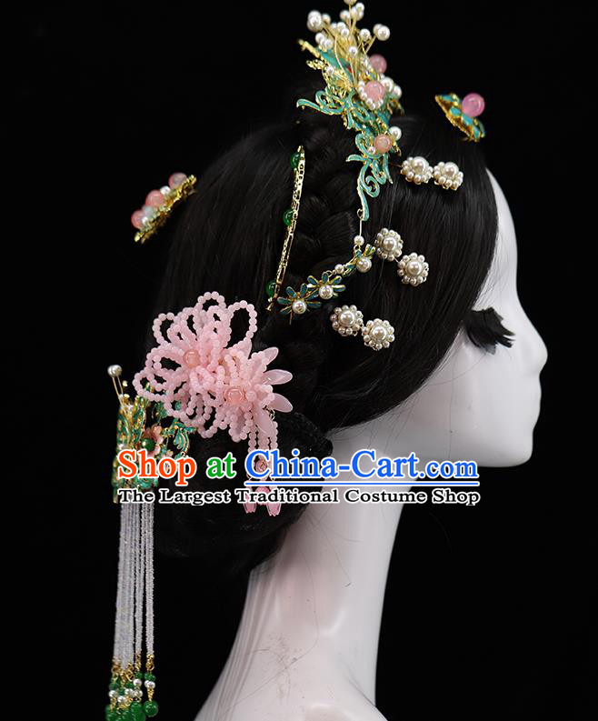 Traditional Chinese Qing Dynasty Tassel Hairpins Hair Comb Headdress Ancient Queen Hair Accessories Complete Set for Women