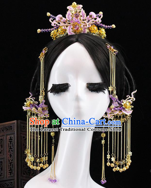 Traditional Chinese Purple Flowers Hairpins Hair Crown Headdress Ancient Queen Hair Accessories Complete Set for Women