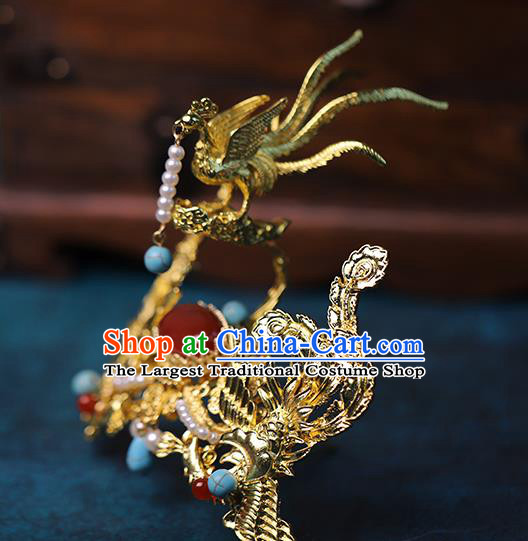 Traditional Chinese Qing Dynasty Golden Phoenix Hairpins Hair Crown Headdress Ancient Queen Hair Accessories for Women