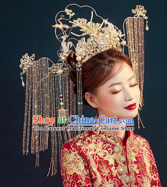 Traditional Chinese Wedding Golden Crane Phoenix Coronet Hairpins Headdress Ancient Queen Hair Accessories for Women