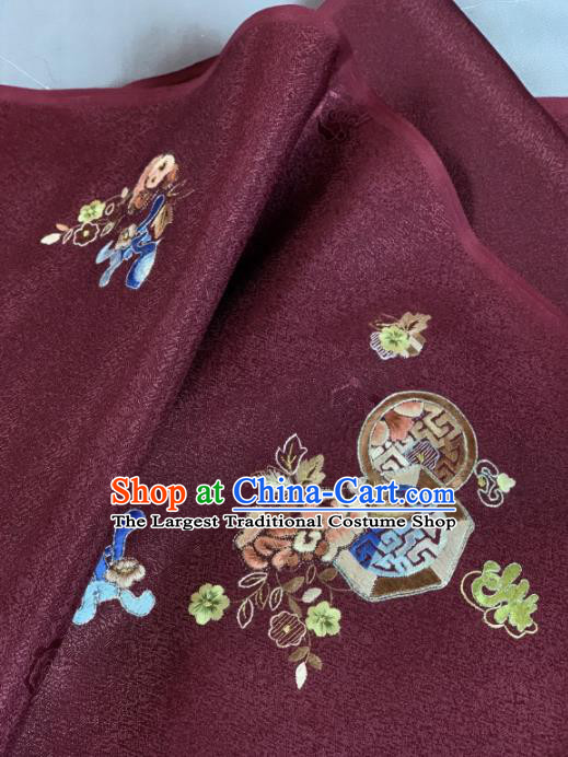 Chinese Classical Embroidered Lucky Flowers Pattern Design Wine Red Silk Fabric Asian Traditional Hanfu Material