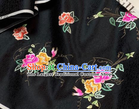 Chinese Classical Embroidered Peony Pattern Design Black Silk Fabric Asian Traditional Hanfu Material