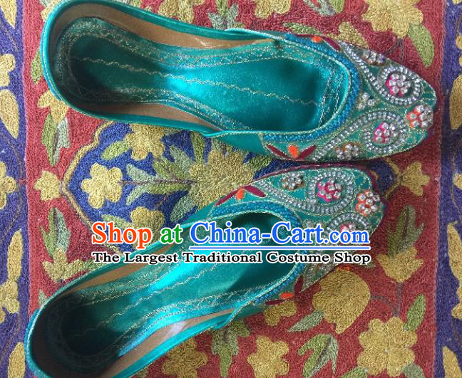 Asian India Traditional Embroidered Green Crystal Shoes Indian Handmade Shoes for Women