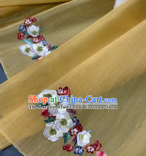 Chinese Classical Embroidered Peach Blossom Pattern Design Yellow Silk Fabric Asian Traditional Hanfu Brocade Material