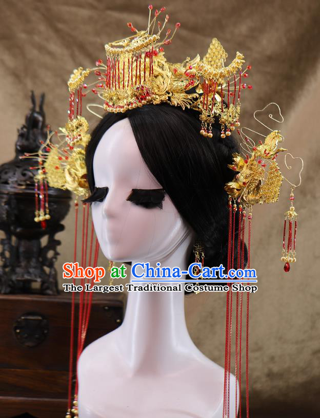 Traditional Chinese Wedding Golden Crane Hair Crown Tassel Hairpins Headdress Ancient Bride Hair Accessories for Women