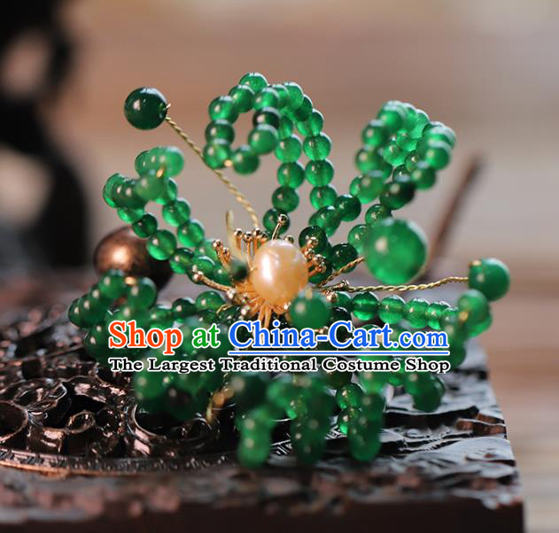 Traditional Chinese Handmade Green Beads Chrysanthemum Hairpins Headdress Ancient Hanfu Hair Accessories for Women