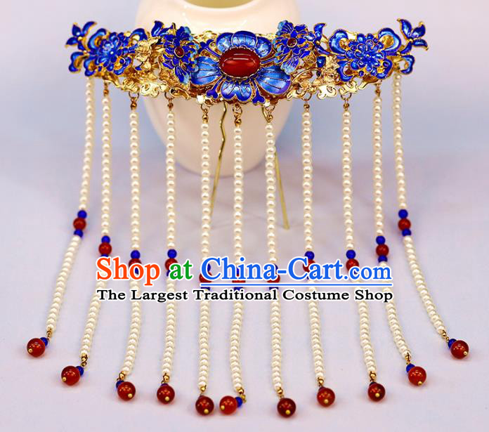 Traditional Chinese Handmade Pearls Tassel Cloisonne Hairpins Headdress Ancient Hanfu Hair Accessories for Women