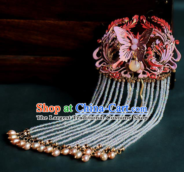 Traditional Chinese Handmade Pearls Tassel Pink Butterfly Hair Comb Headdress Ancient Hanfu Hair Accessories for Women