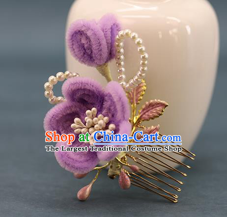 Traditional Chinese Handmade Lilac Velvet Plum Hair Comb Headdress Ancient Hanfu Hair Accessories for Women