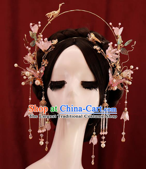 Traditional Chinese Wedding Pink Flowers Crane Hair Crown Headdress Ancient Queen Hair Accessories for Women