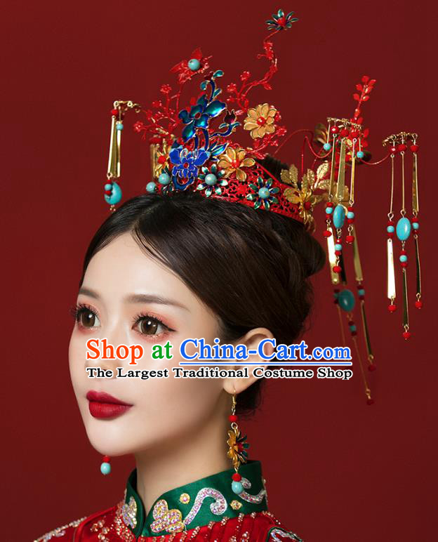 Traditional Chinese Wedding Cloisonne Red Phoenix Coronet Hairpins Headdress Ancient Bride Hair Accessories for Women