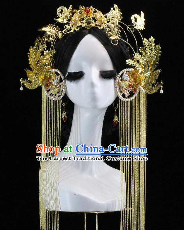 Traditional Chinese Wedding Pearls Golden Phoenix Coronet Hairpins Headdress Ancient Bride Hair Accessories for Women