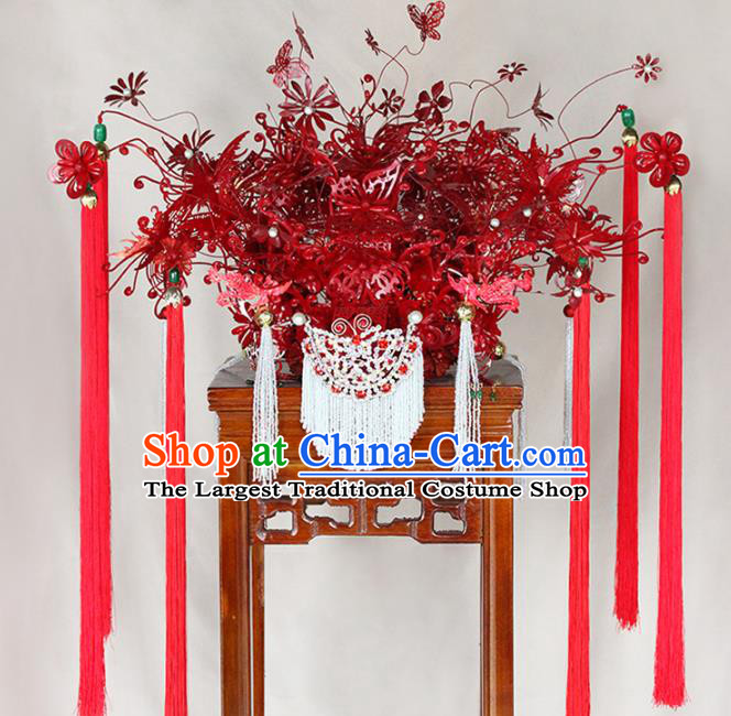 Traditional Chinese Opera Red Phoenix Coronet Hairpins Headdress Ancient Wedding Hair Accessories for Women