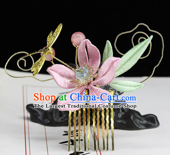 Traditional Chinese Handmade Pink Flower Dragon Hair Comb Headdress Ancient Hanfu Hair Accessories for Women